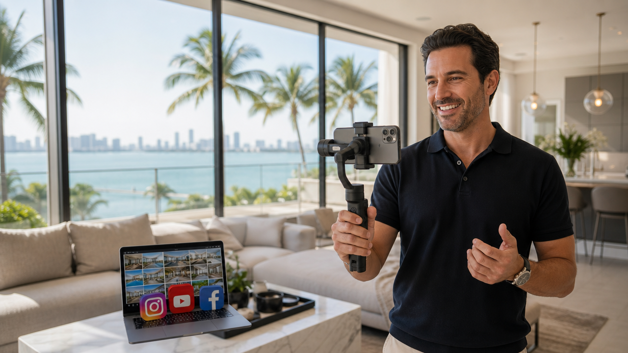 Agent filming a social media video tour inside a luxury Miami condo with bay views