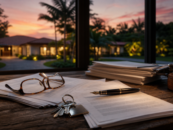 Closing paperwork laid out on a desk in South Miami, Florida — Before Buying in South Miami