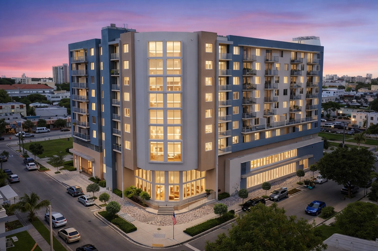 Centralis Residences facade at twilight