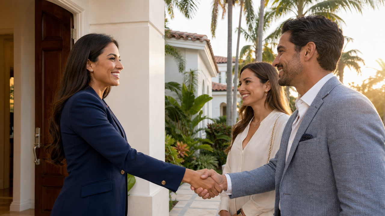Pol Realty broker welcoming international buyers at the entrance of a Miami luxury home