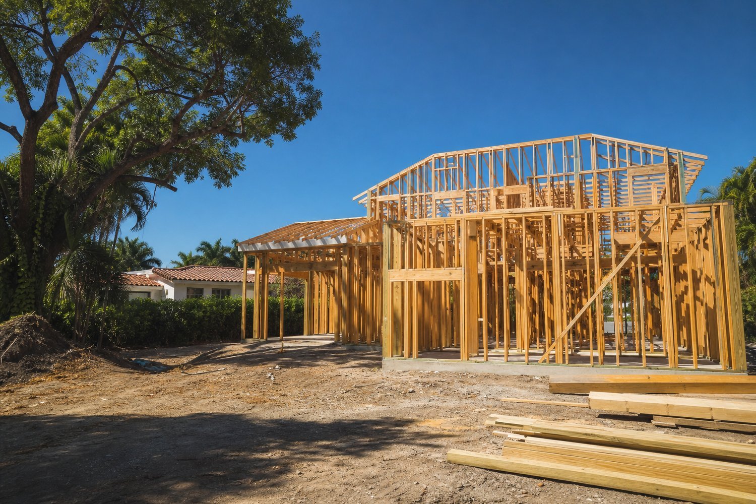 A house under construction, still framed in timber in pinecrest, FL — Know About South Miami Developments