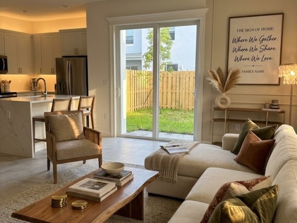 Bright, elegant Miami townhome living room with cream sofa, wood coffee table, and sliding doors to the backyard
