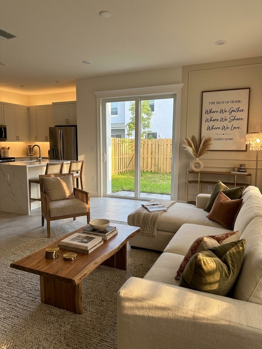 Bright, elegant Miami townhome living room with cream sofa, wood coffee table, and sliding doors to the backyard