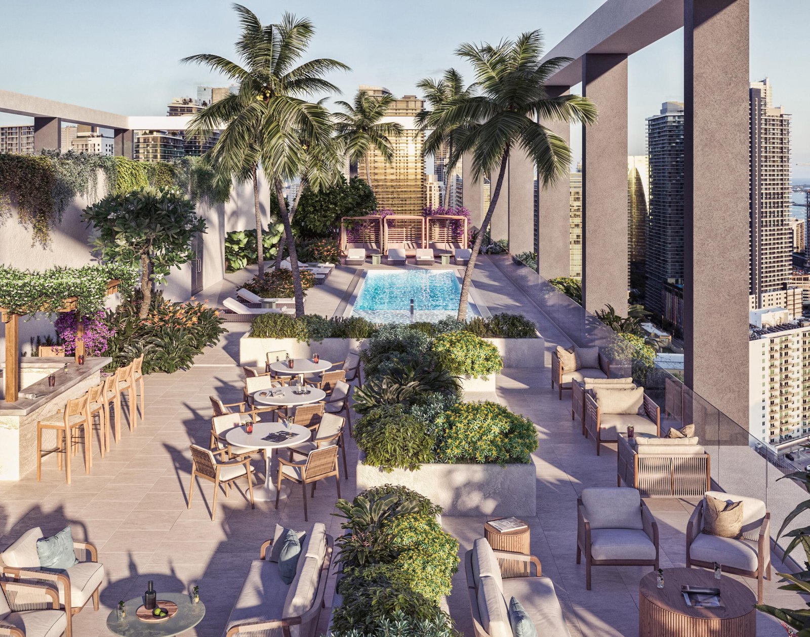 Terraza en la azotea con piscina, lounge y vista a Brickell