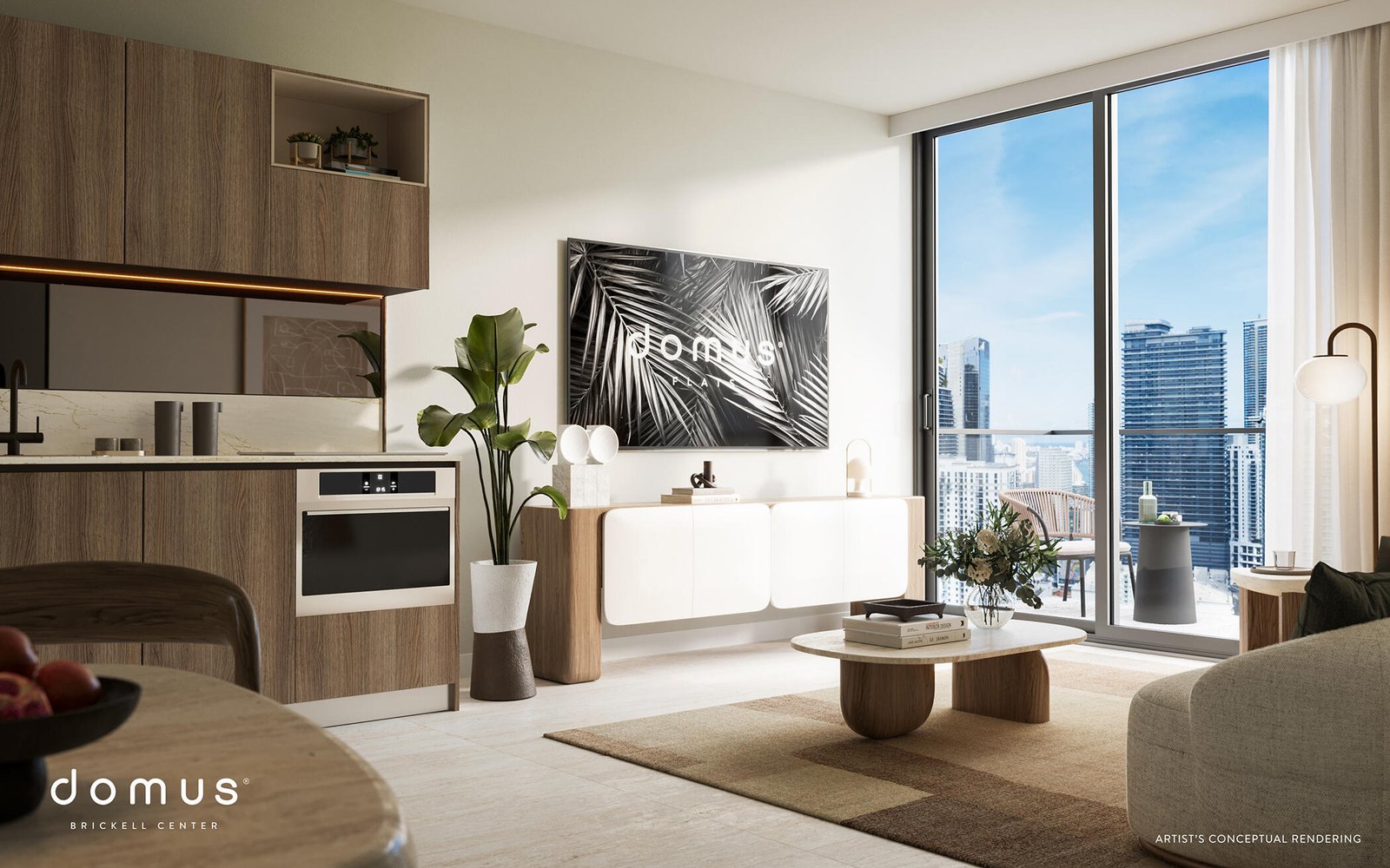 Cocina y sala de una residencia con vista a la ciudad