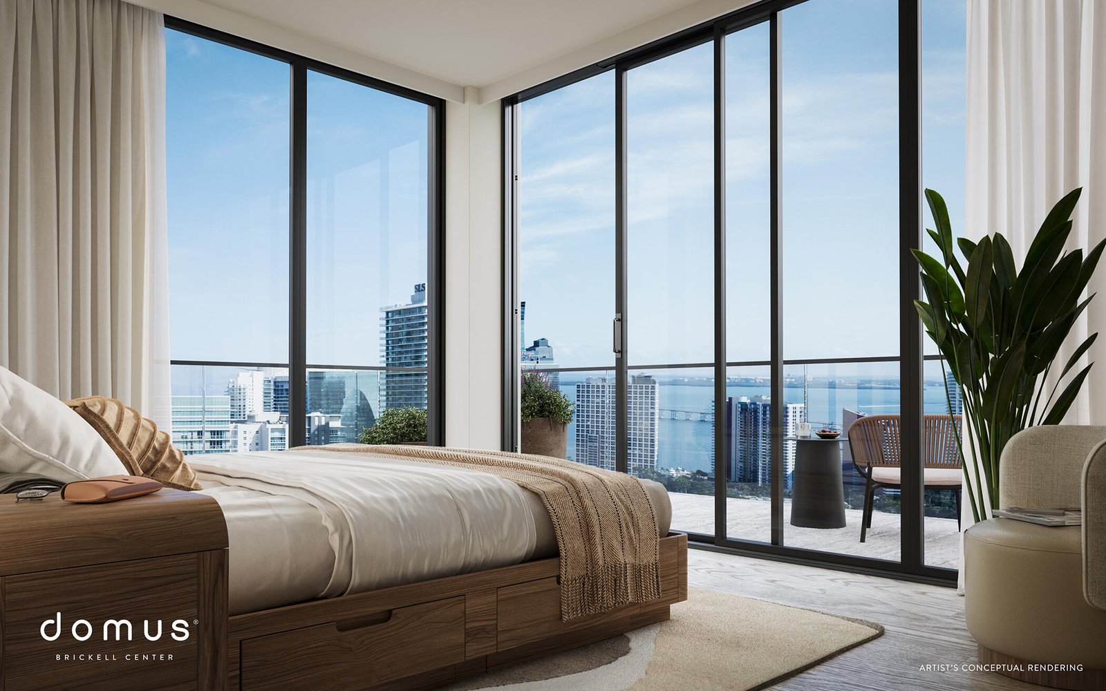 Dormitorio con balcón y vista a la bahía