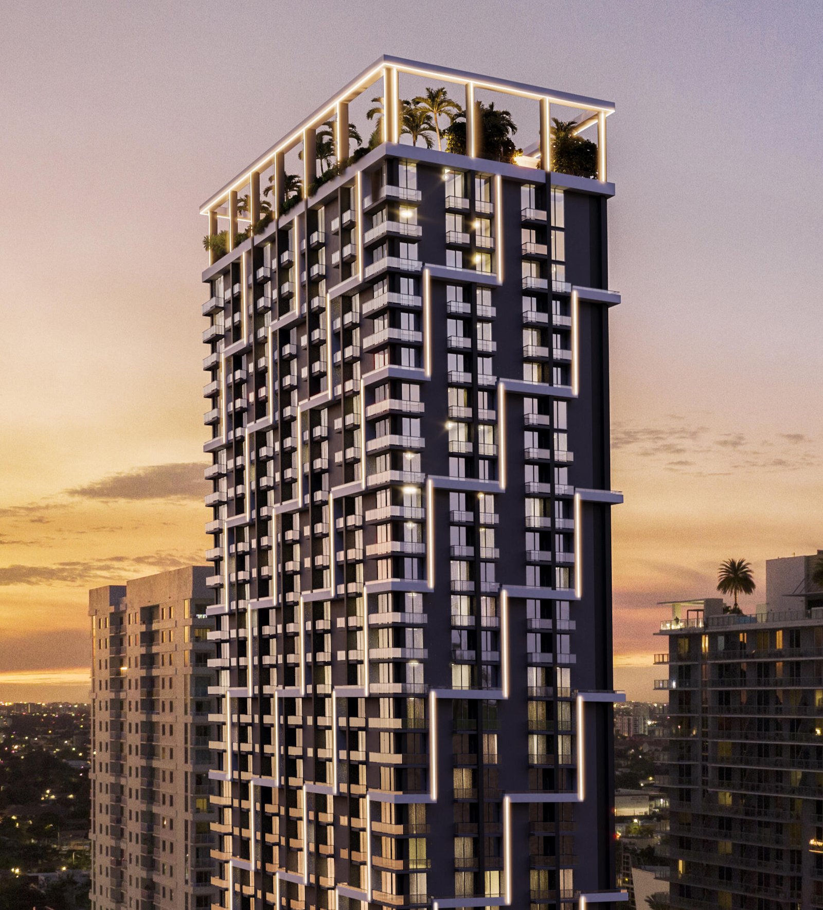 Render de la torre Domus Brickell Center al atardecer