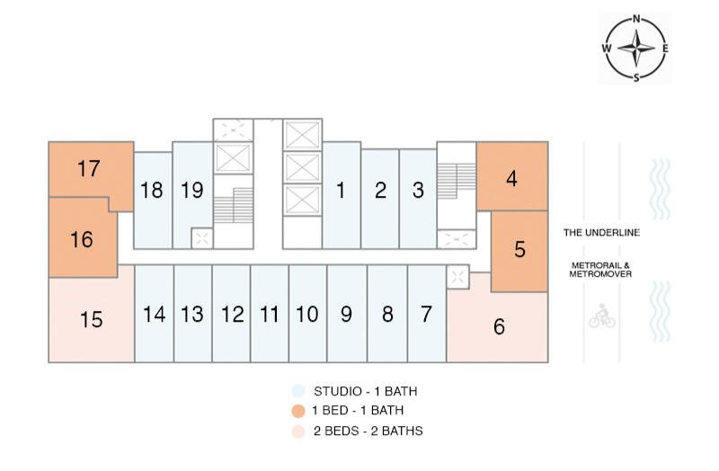 Plano tipo de Domus Brickell Center con la ubicación de cada línea